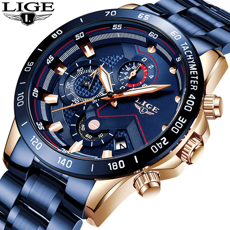 2022 LIGE New Blue Fashion Business Clock Mens Watches Top Brand Luxury All Steel Waterproof Quartz