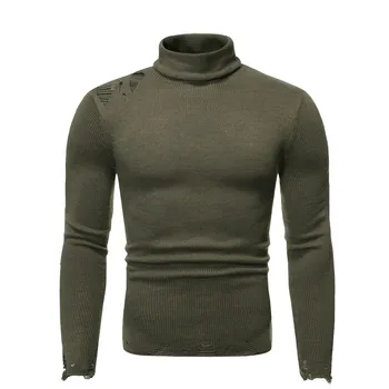 

2019 Fashion Men Slim Fits Knitted Pullovers Ripped Hole Turtleneck Sweaters For Male Autumn Winter Casual Solid Color Sweaters