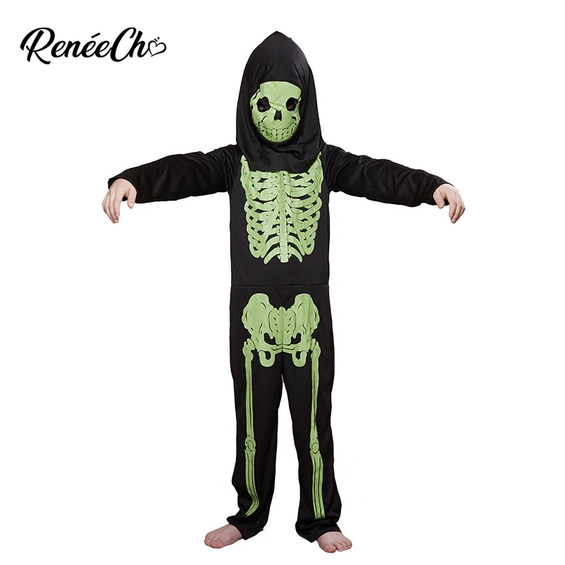 

Reneecho Boys Skeleton Costume Girls Green Bone Costume Jumpsuit Mask Suit Set For 6-10 Years Old Halloween Costume For Kids