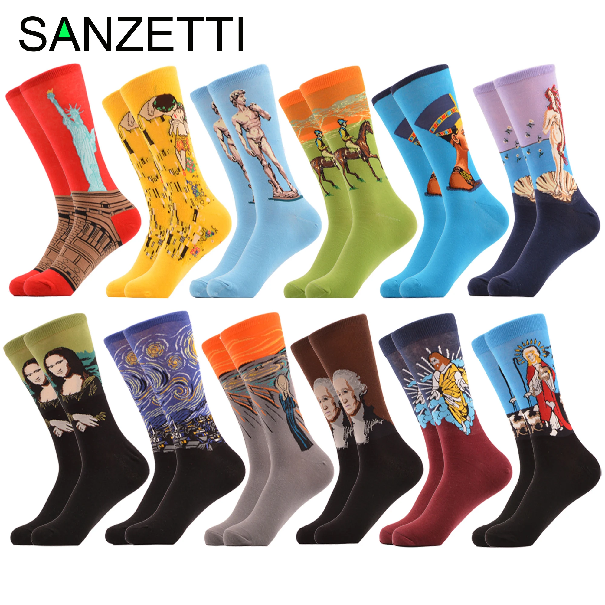 

SANZETTI 12 Pairs/Multi-Color Crew Casual Formal Socks Happy Mona Lisa Pattern Funny Men's Combed Cotton Happy Wedding Socks