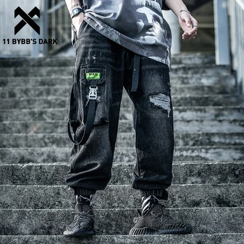 

11 BYBB'S DARK Hip Hop Hole Jeans Men 2020 Functional Elastic Waist Streetwear Casual Cargo Pants Techwear Joggers Men Trousers