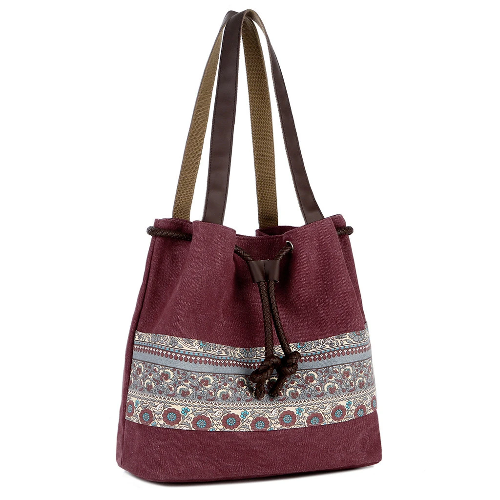 Style Canvas Handbags Women Drawstring Bucket Bag Lady Cheap Shoulder Single Shoulder Shopping Bags Floral Printed Beach Bag 820