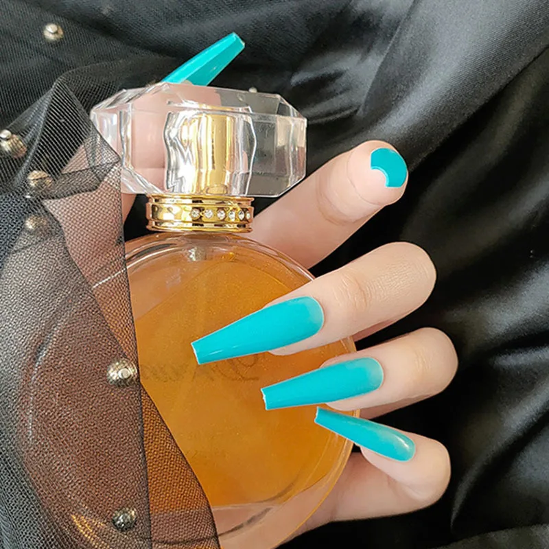 Imprensa em Unhas Dicas para Meninas Novo Estilo Longo Azul Ballet Wear Manicure Wearable Capa Completa Falso Unhas 2021 24 Pçs 3 capa completa falso unhas dicas para meninas