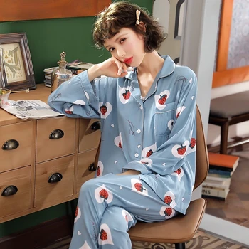 

Autumn Long Sleeve Women Pajamas Set Cardigan Lapel Love Strawberry Print Female Pyjamas Set Winter 2 Piece Women Sleep Wear