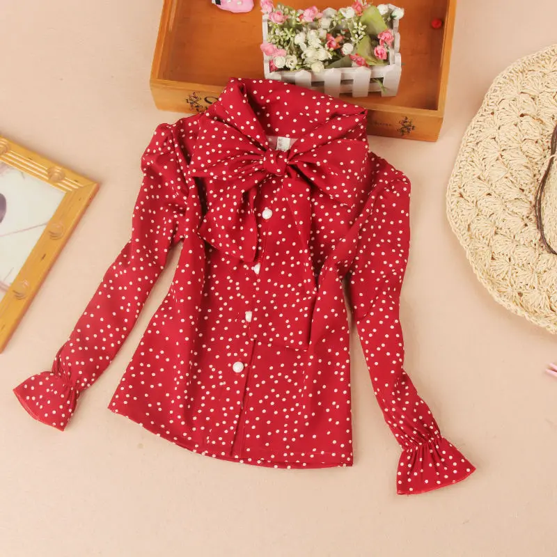 Новая Осенняя шифоновая блузка для девочек; топы с длинными рукавами в Корейском стиле; детская одежда; школьные рубашки в белый горошек для девочек; Одежда с бантом - Цвет: Blouse 1