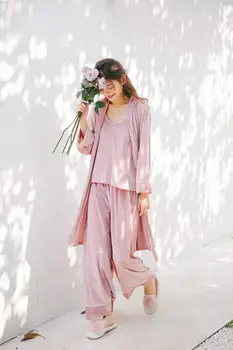 

Women Nightgown feminine feel pajama golden velvet stripe three-piece set female velvet autumn winter halter pajama Robe Suit
