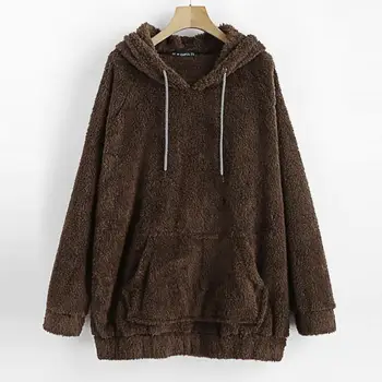 

2019 Autumn Winter Womens Sweatshirt Hooded Solid Plush Hooded Cap Top Pullover Shirt Coffee Color H1