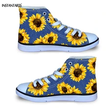 INSTANTARTS/спортивная обувь с 3D желтым цветочным принтом и подсолнухом для девочек; студенческие кроссовки на весну-осень; парусиновая обувь с высоким верхом