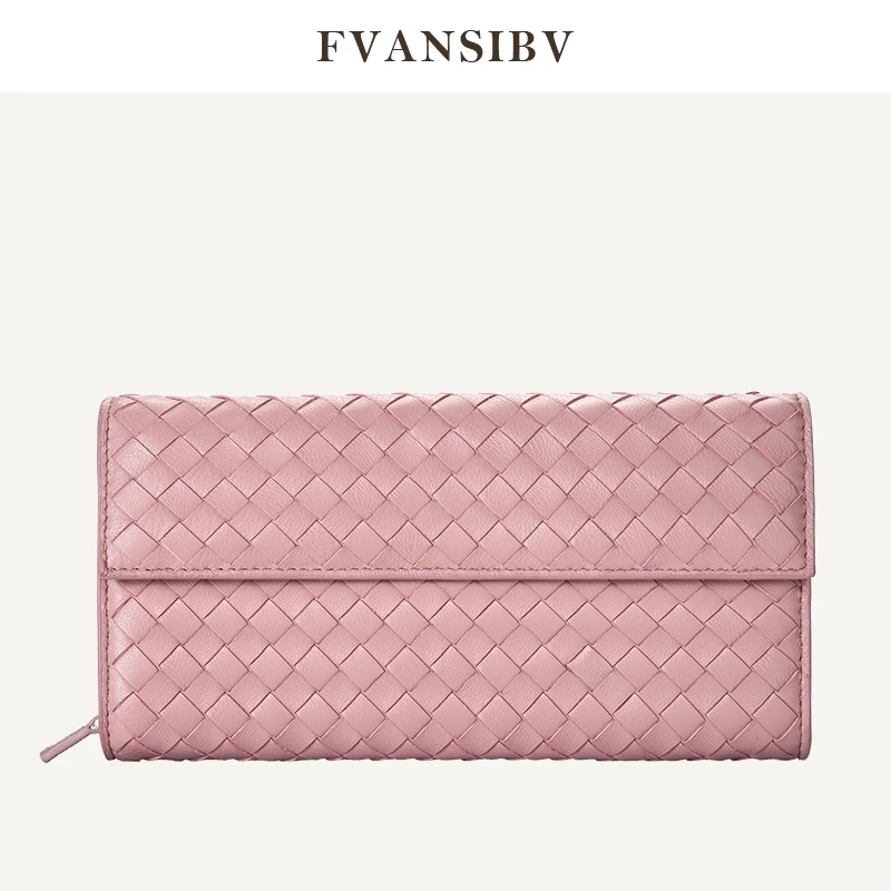 Cartera de mano tejida larga para mujer, cartera de mano larga, estilo Flip-Style, gran volumen, 100%, cuero de oveja, piel de oveja, clip de dinero de diseño de marca de lujo, 2021