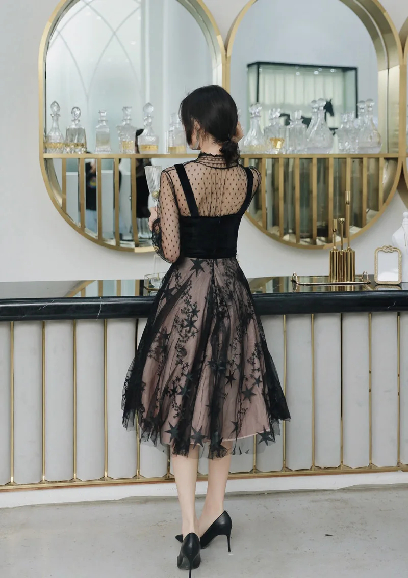 Черное повседневное Тюлевое Вечернее Платье Vestidos De Fiesta с длинным рукавом Элегантное Длинное Вечернее платье Robe De Soiree ES1957-1