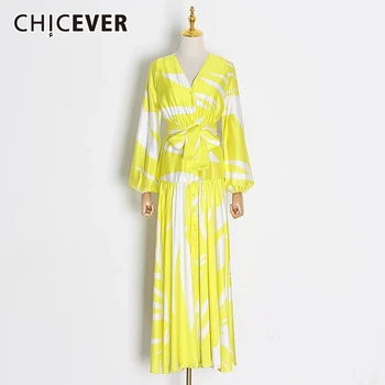 

CHICEVER Print Dress For Women V Neck Lantern Long Sleeve Hit Color High Waist Bowknot Lace Up Vintage Dresses Female 2020 Tide