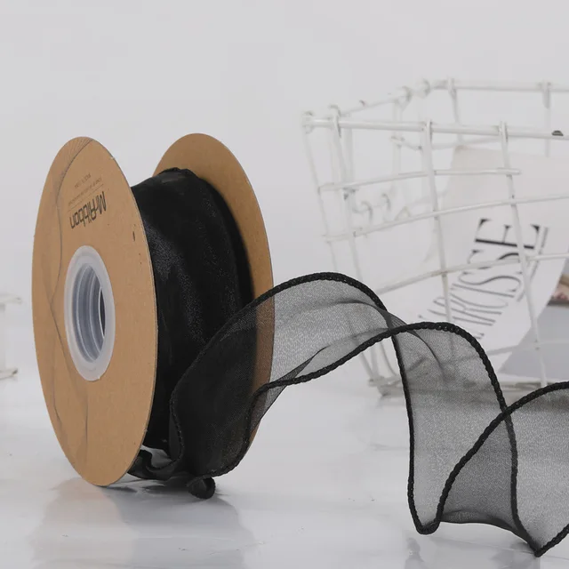 10 Yards Color Fishtail Yarn Ribbon Bouquet Packing Material Fresh Flowers Baking Overwrap Ribbon Wave Chiffon Yarn Gift Strap black