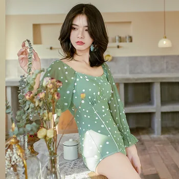 

One Piece Swimsuit Swimwear Ladies Rashguard Female Sexy Bikini Korean Ins Long Sleeve Green Pure Dot Spandex Bathing Suit