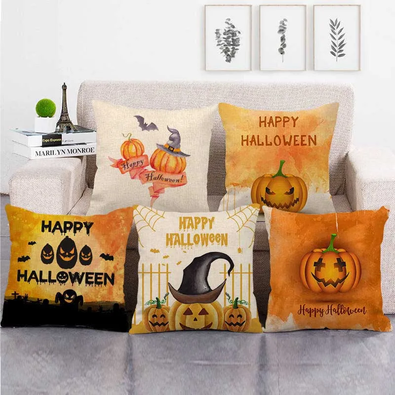 

Halloween Cushion Cover Cotton Linen Pumpkin Pillow Cases Fall Decor Pumpkin Sofa Car Cushion Cover Home Decor 45x45cm