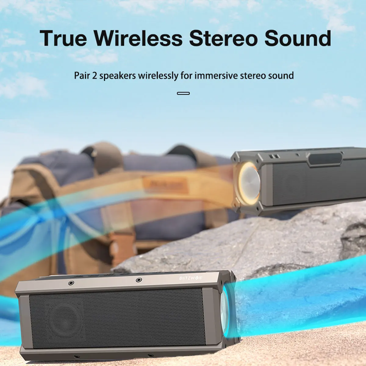 Фото BlitzWolf BW-WA3 100 Вт Мощные bluetooth-совместимые динамики 5000 мАч IPX5 Водонепроницаемая беспроводная колонка TWS Двойная диафрагма Глубокие басы Наружные переносные колонки №4