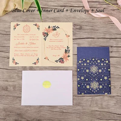1 шт. элегантная вырезанная лазером Свадебная пригласительная открытка кружевная Флора на заказ с конвертом поздравительная открытка Свадебные украшения вечерние сувениры - Цвет: Fifty Sets Blue