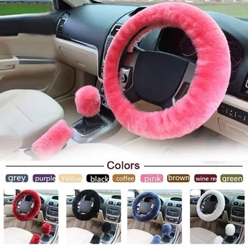 

Car Steering Wheel Cover 6 colors auto Interior Accessories Winter Universal Hand Brake Gear Position Gear Three-piece Fur Cover