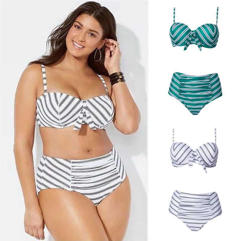 

Plus Size Women Striped Print High Waist Bikini Set Swimsuit 2020 New Bowknot Thong Sexy Push Up Bathing Suit Swimwear Bikini