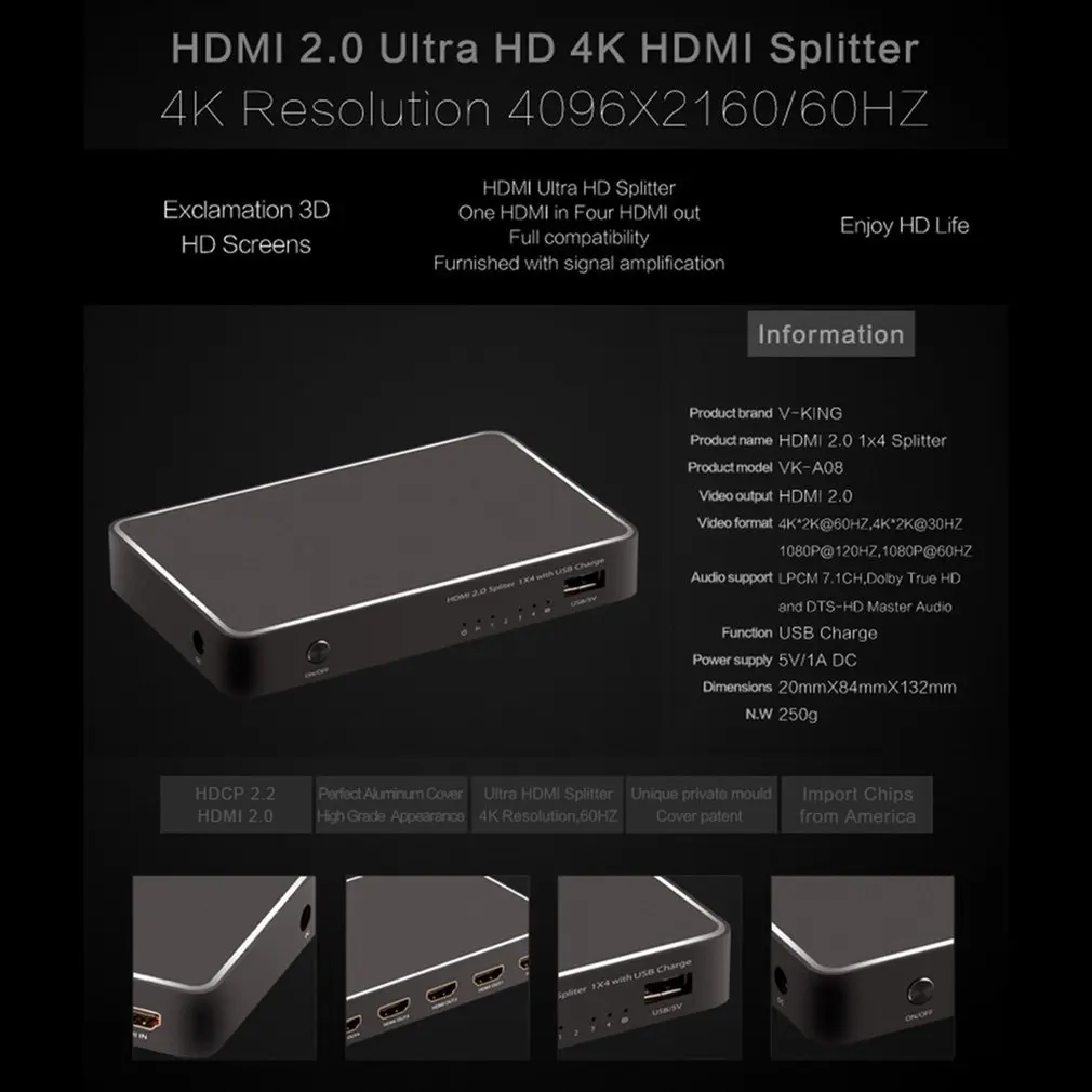 Vk-a08 Hdmi2.1x4 сплиттер с Usb зарядкой Hdmi к Hdmi конвертер