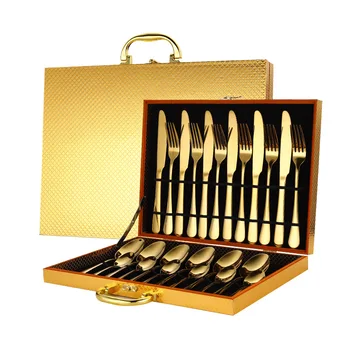 

24Pcs Luxury Golden Stainless Steel Steak Knife Cutlery Set Gold Cutlery Set with Luxury Wood Gift Box