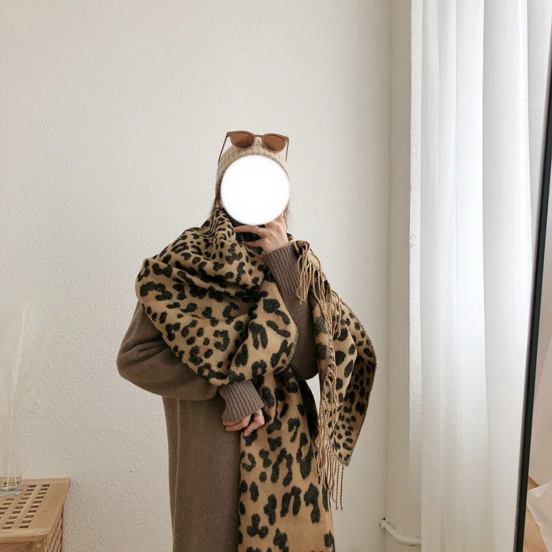 Зимний Теплый леопардовый шарф женский корейский уплотненный двойной узор шаль шарф