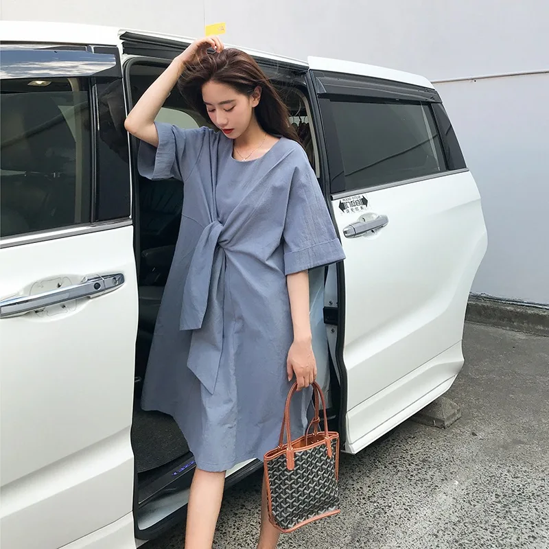 

Photo Shoot INS Non-mainstream Design Haze Blue Mid-length Crew Neck Front Cross Straps Loose And Plus-sized A- line Dress