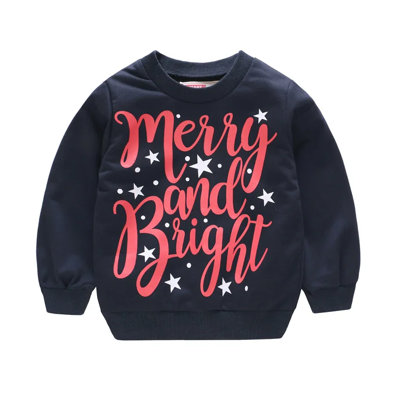 Рождественская футболка для маленьких девочек; свитер с принтом оленя и Санты на весну-осень; свитер с длинными рукавами; детская верхняя одежда для мальчиков; пуловер - Цвет: T0113-Black