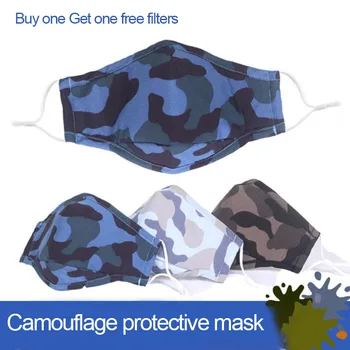 

1pc Mask with one filter Gray Unisex PM2.5 Mask Army Camo Print Mouth Mask Cotton Dust proof Face Masks Daily Mask Camouflage