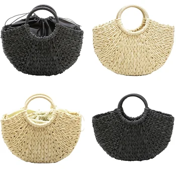 

Handmade Beach Bag Round Straw Tote Bag Large Bucket Summer Bags Women Natural Basket Handbag, Black With Lining