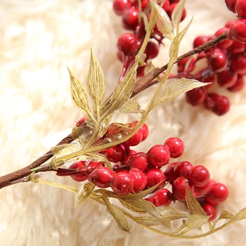 

1 Bunch DIY Artificial Berries Branch Plastic Fake Flowers Leaf Decorative Red Berries Plant For New Year Christmas Decorations