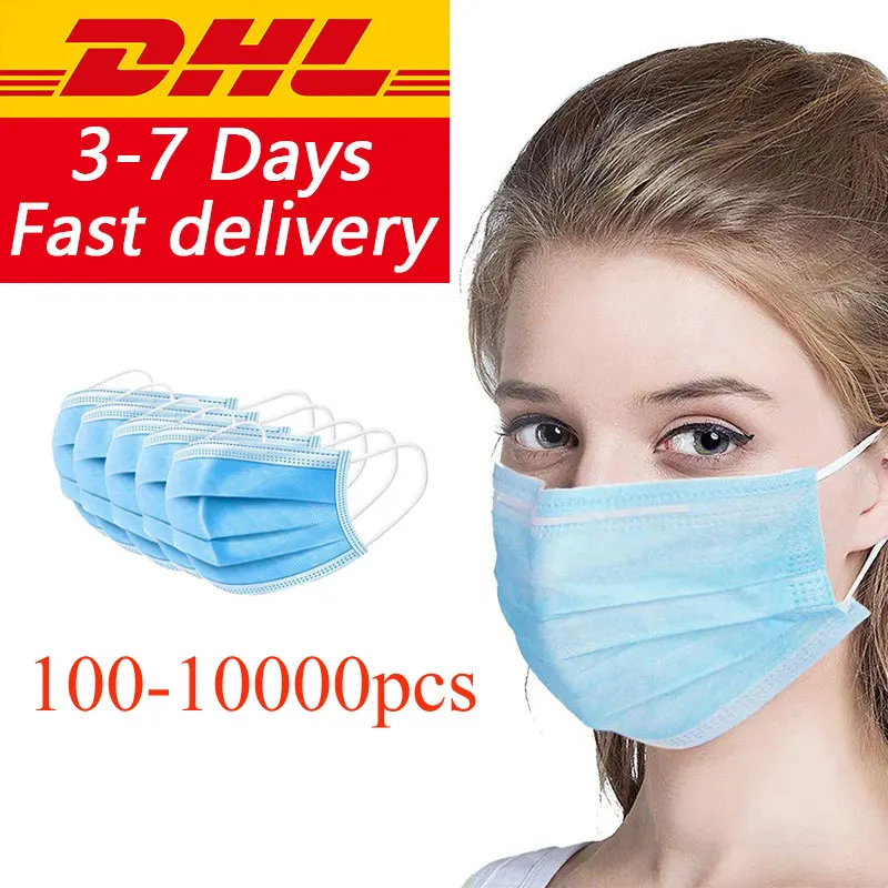 

DHL Free Shipping100-10000pcs 3Layer Non-woven Disposable Mask Elastic Mouth Soft Earloop Breathable Face Mask 4-7days Arrivals