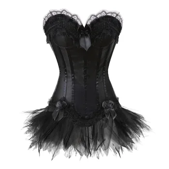 

women's sexy black overbust corset and dress satin bustier with LACE mini skirt waist cincher lingerie S-2XL