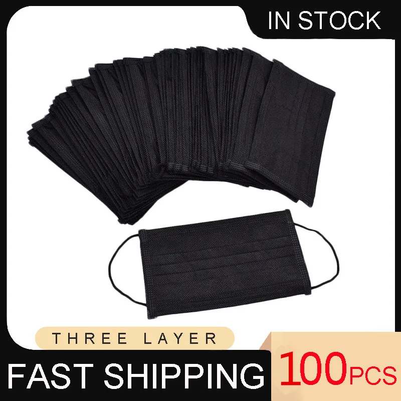 1050100Pcs Mouth Mask Disposable Black Cotton Adult Mouth Face Masks Non-woven Mask 3 Filter Activated Anti Pollution mascaras (1)