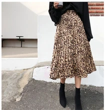Женская плиссированная юбка с леопардовым принтом, высокая талия, эластичная талия, Модные осенние женские длинные юбки