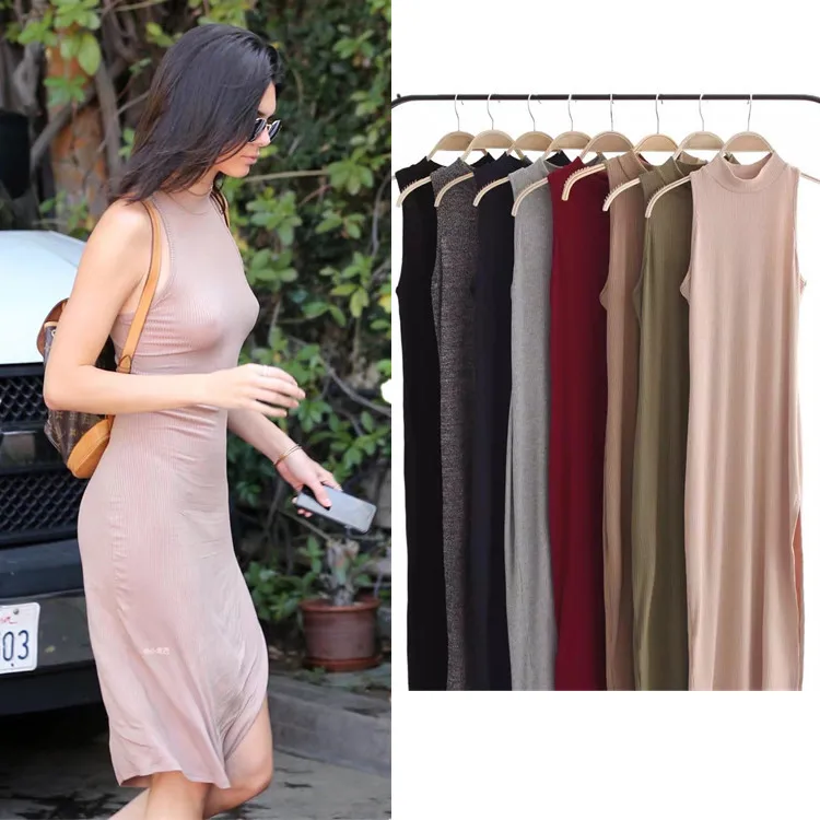 

Kendall Jenner Star Same Style Summer Women Sexy Sleeveless Slim Split Dress Solid Color Knee-Length Bodycon Dress