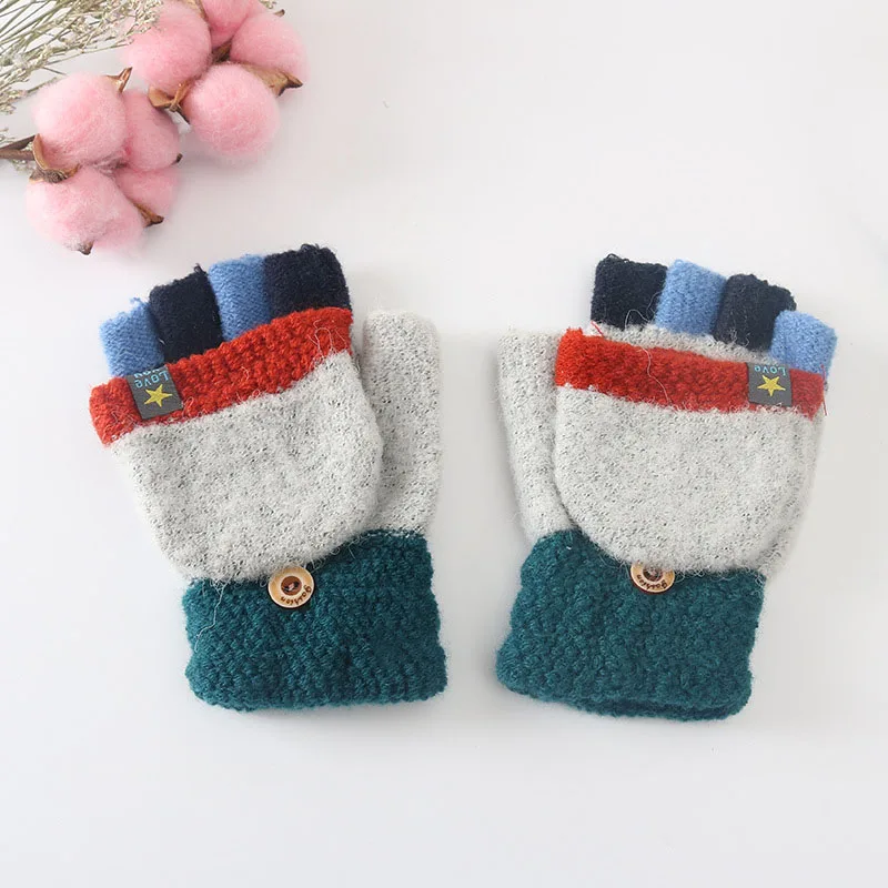 5-12 Year Old Children's Winter Acrylic Thick Knit Warm Half Finger Flip Mittens Cartoon Dog Touch Screen Writing Gloves C94