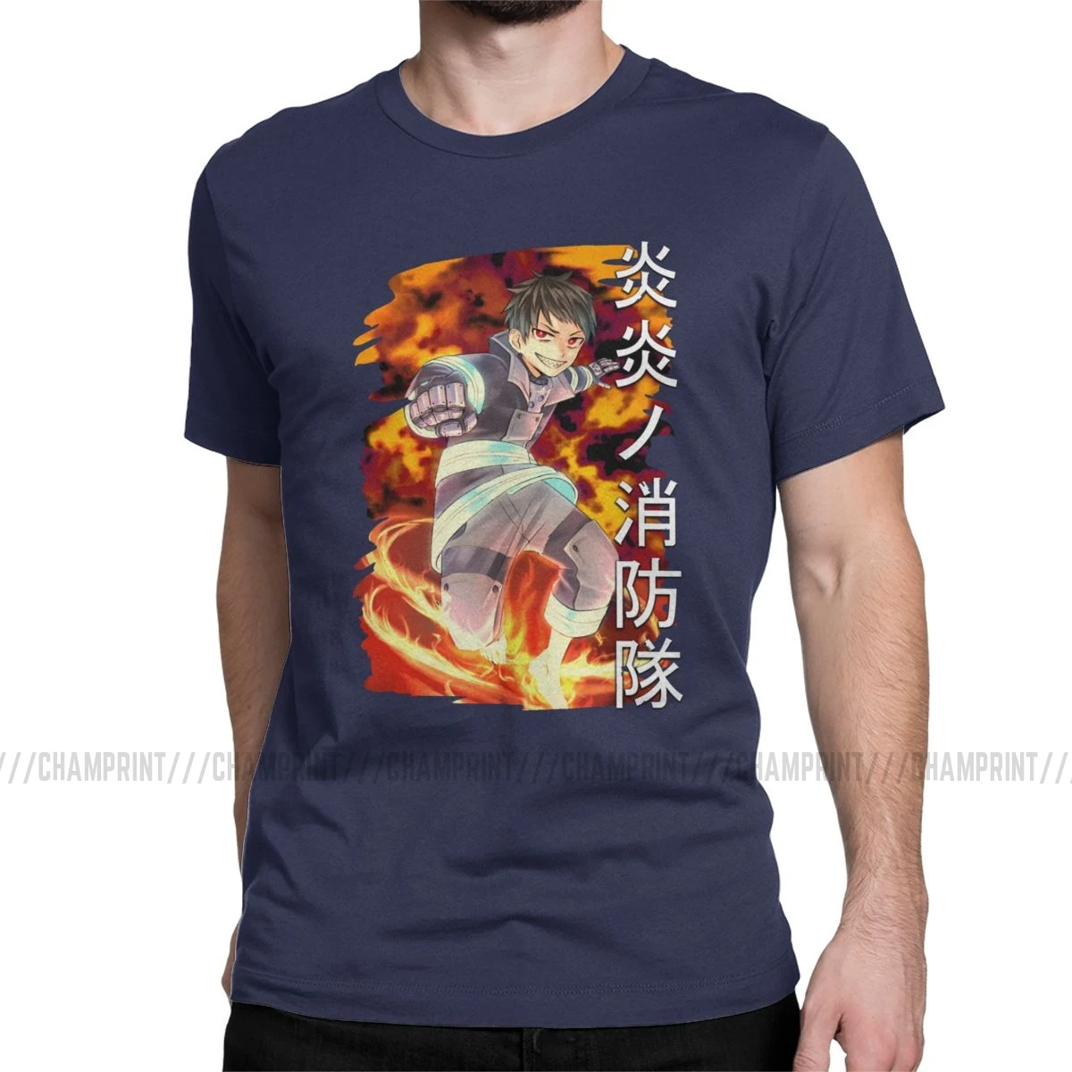 Мужские футболки Shinra Fire Force, пожарный герой, аниме, одежда из чистого хлопка, хипстерские футболки с коротким рукавом, оригинальные футболки - Цвет: Тёмно-синий
