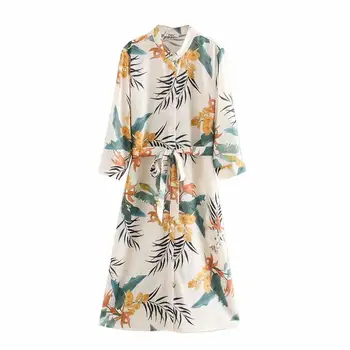 

Women tropical leaves flower print bow sashes shirtdress chic stand collar vestidos female casual kneeth a line Dresses DS3285