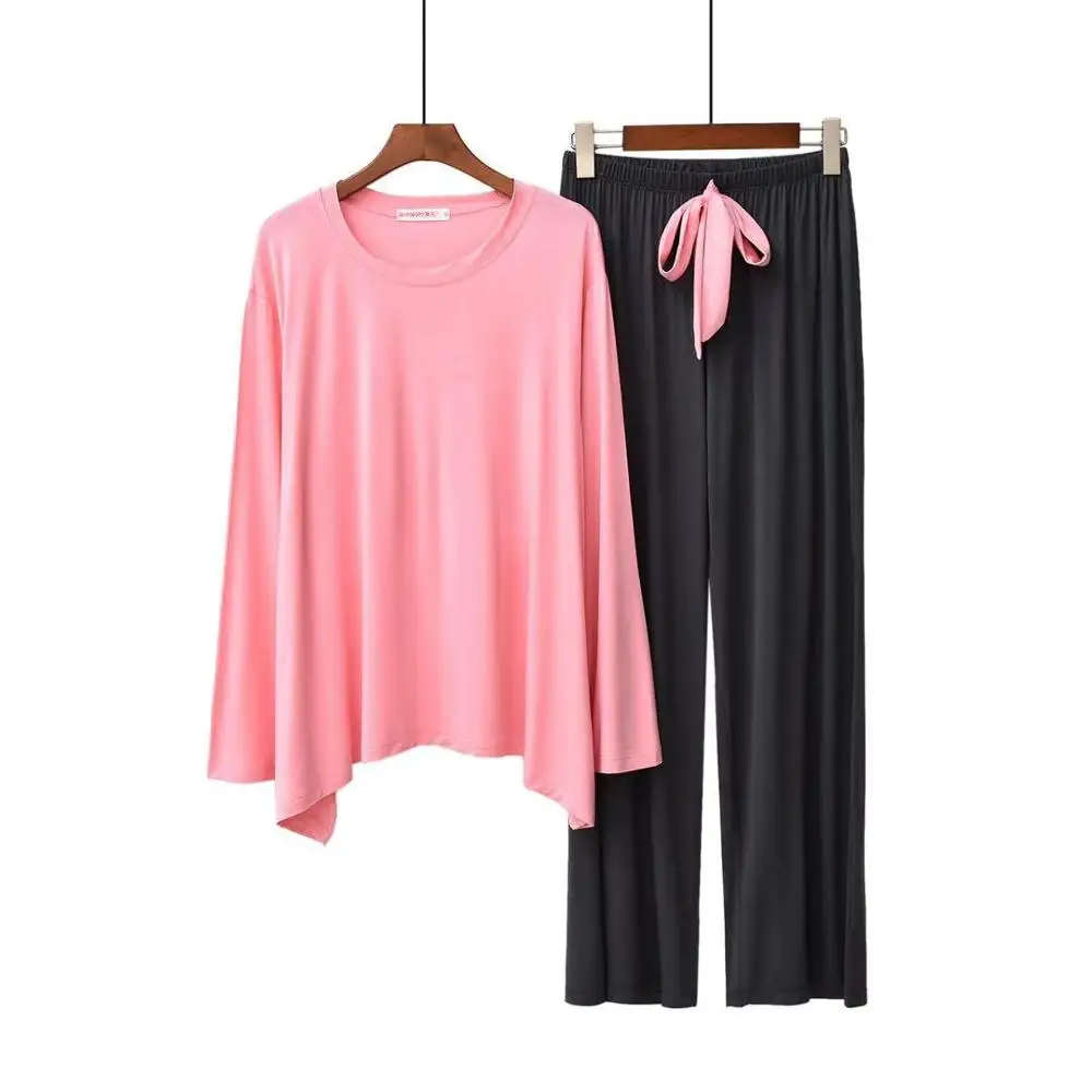 Осень-зима, новая женская пижама, новая модель, с круглым вырезом, с длинными рукавами, штаны и широкие штаны, цветной домашний костюм пижама - Цвет: Розовый