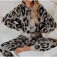 

Drawstring Home Sets Female Casual Ladies Tracksuit 2021 New Fall Women's Leopard Hooded 2 Piece Set Full Sleeve Long Pants