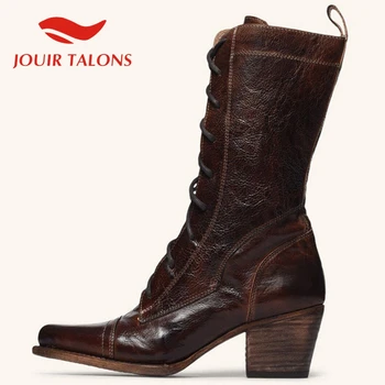 

JOUIR TALONS New Fashion Brand women shoes Big Size 43 Mixed Color Round Toe Mid-calf Boots Classcis Square Heels Female Boots