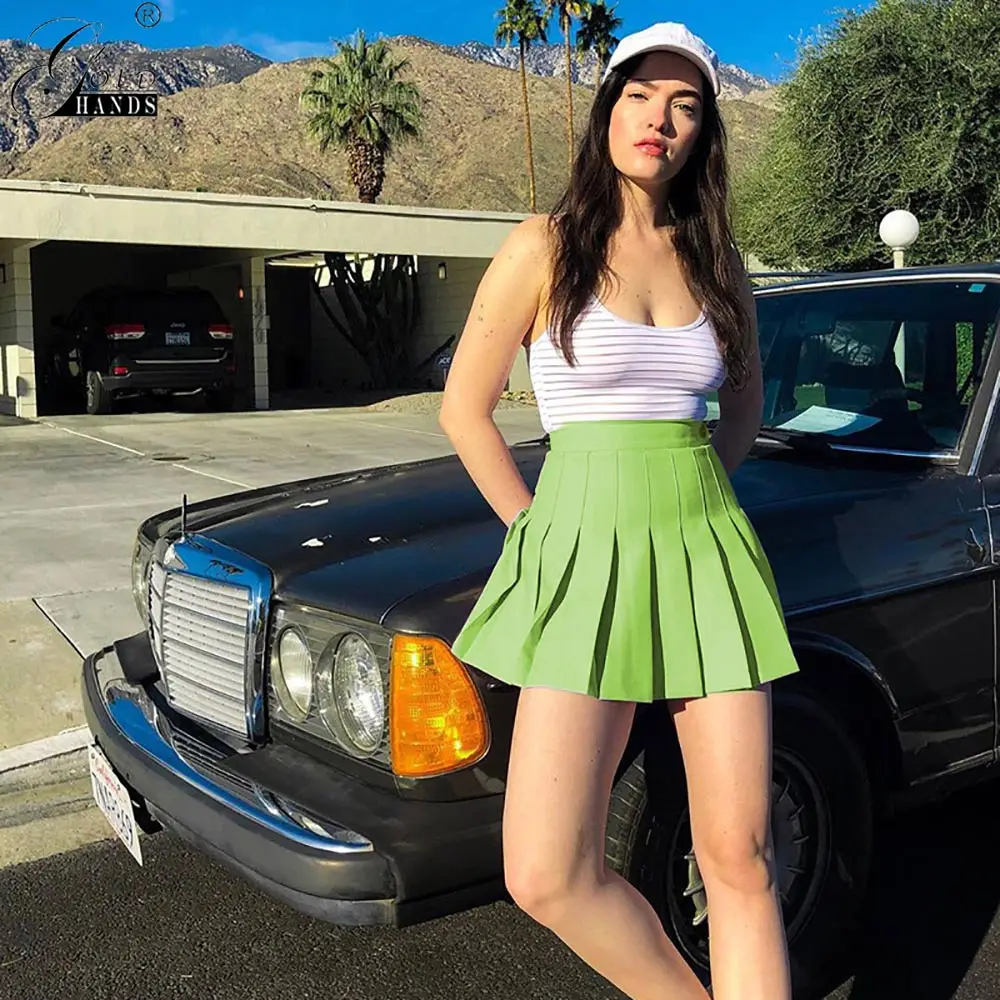 Золотые руки Harajuku неоновая зеленая плиссированная летняя юбка Повседневная трапециевидная юбка с высокой талией Женская танцевальная мини-юбка Женская Корейская опрятная