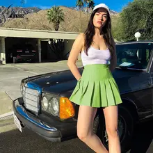 Золотые руки Harajuku неоновая зеленая плиссированная летняя юбка Повседневная трапециевидная юбка с высокой талией Женская танцевальная мини-юбка Женская Корейская опрятная