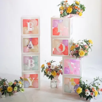 

4Pcs Party Balloon Holder Boxes, Transparent Latex Square Balloon Storage Decoration Container Bedroom Shower Decor Baby Love