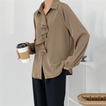 

Women Ruffle Blouse Long Sleeve Casual Oversized Boyfriend Shirt Female 2020 Korean Fashion Plus Size Long Shirts Blusa Feminina