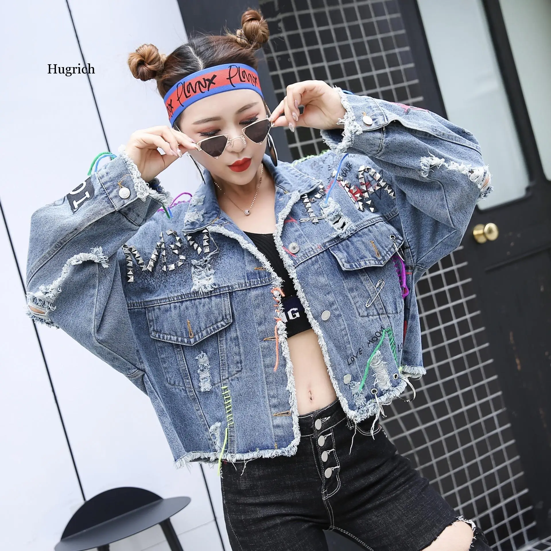 New Women's 2021 Spring Jean Jackets Women Coats Female Denim Graffiti Rivet Jacket Girl Outerwear Blue