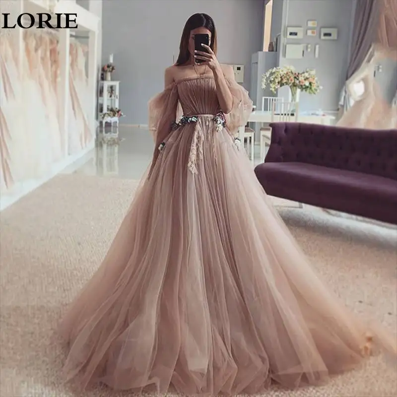 

LORIE Dirty Pink Fairy Wedding Dresses 2021 Off The Shoulder Puff Sleeve Bride Dresses Flowers Wedding Gown Custom Made