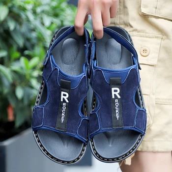 

2020 Summer Man Sandals Pu Leather Shoes Beach Sandals Man Blue Black Slip-on Outdoor Slippers Men Wearable Men Walking Sandals