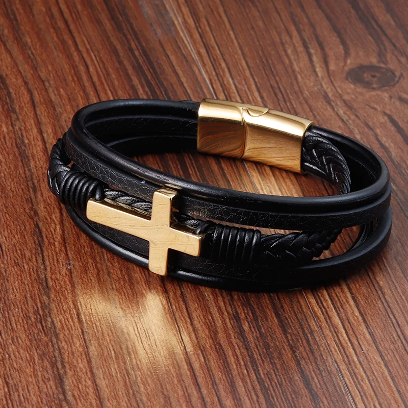 Luxury Multicolor Cross Design Classic Stainless Steel Men's Leather Bracelet Choose Handsome Men's Gifts - Image 3