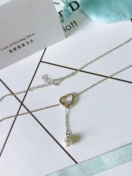 

XL TFB Original 925 Sterling Silver Classic Heart Pearl Necklace with Logo Women's Jewelry Free Shipping.